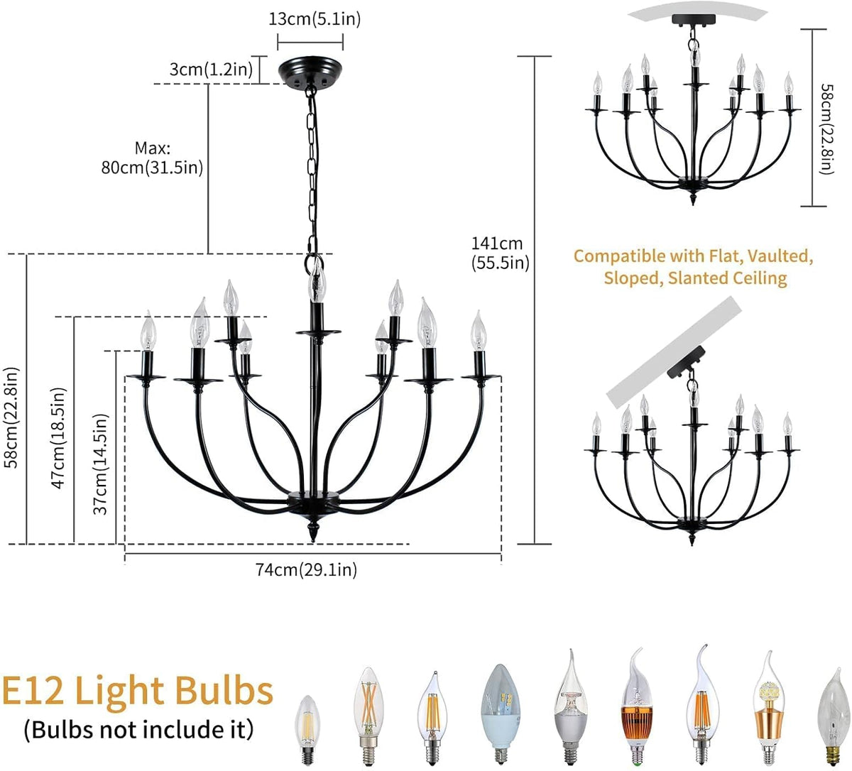 Black 9 Light 2-Tier Iron Chandelier L25155