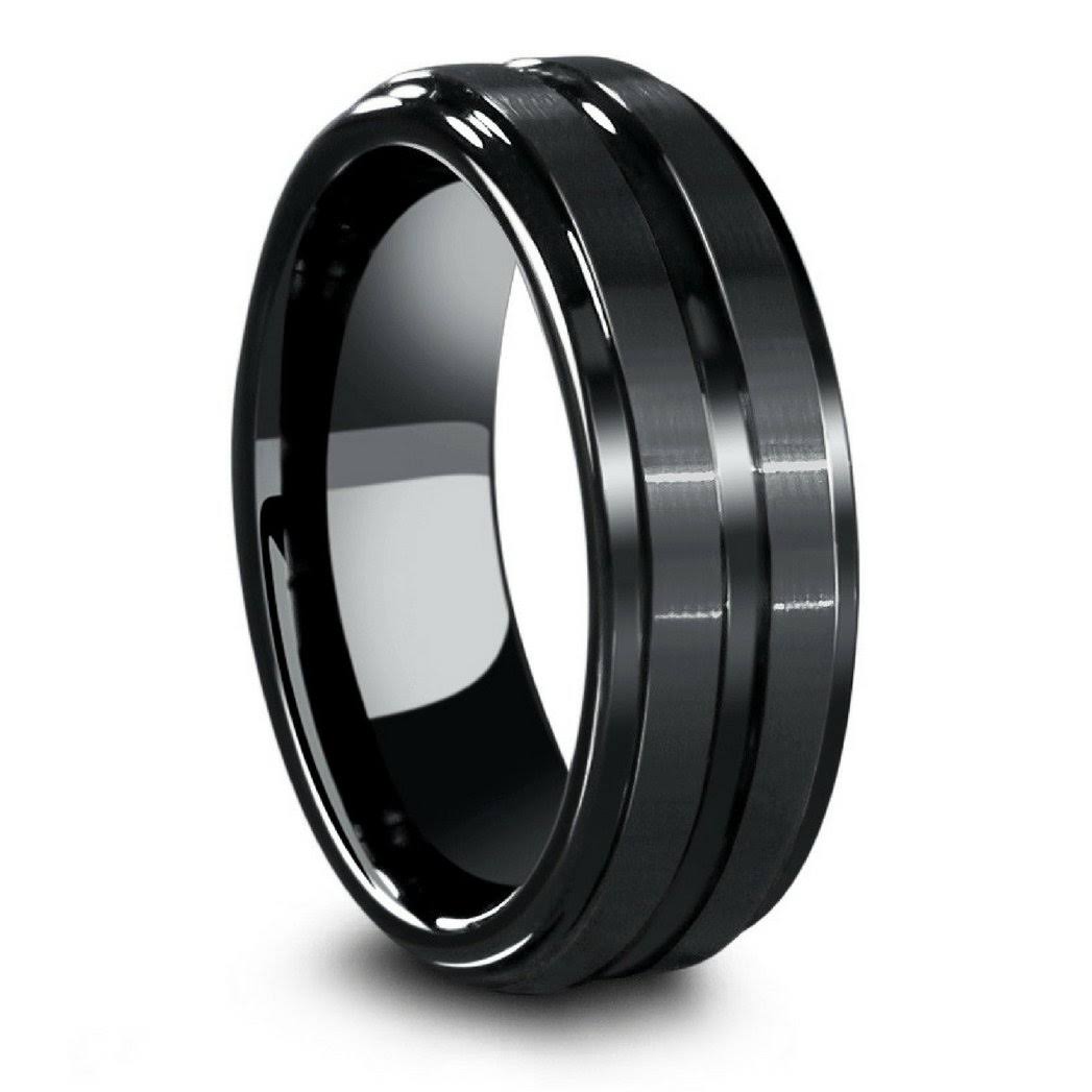 Black Ceramic Ring with Carved Groove and Step Down Edges, 11 F724