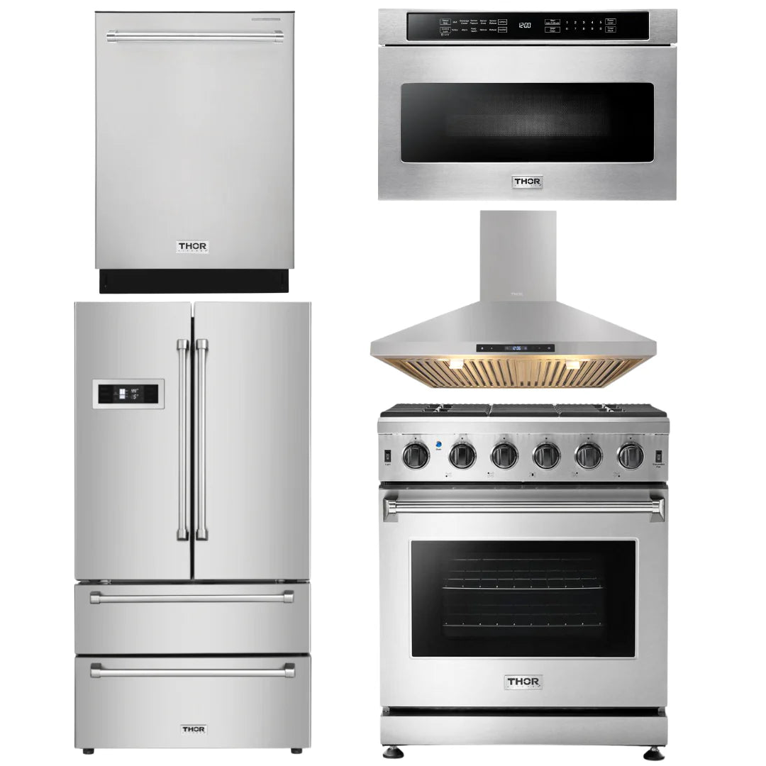 30 Propane Gas Range, Range Hood, Microwave, Refrigerator, Dishwasher I714