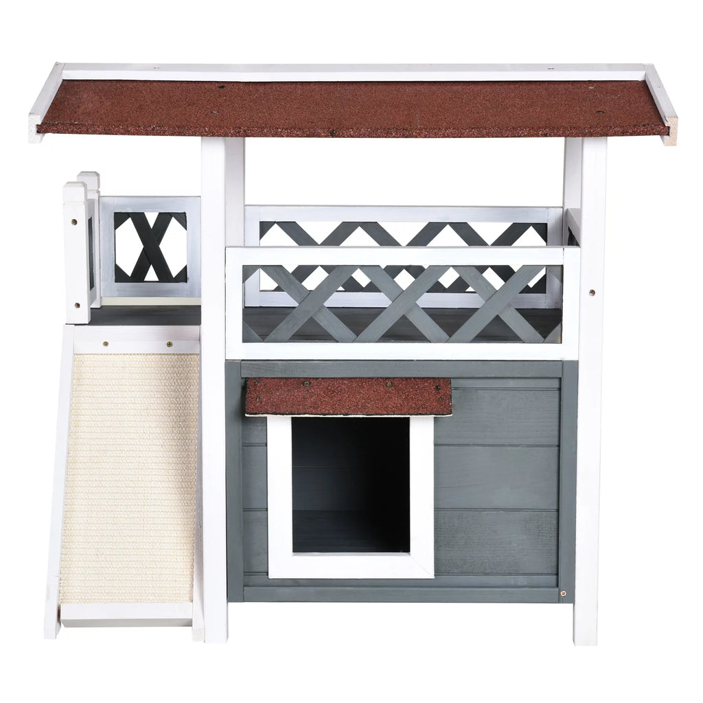 2-story Cat House Wood Shelter with Condo Sisal Ramp, Gray B9739