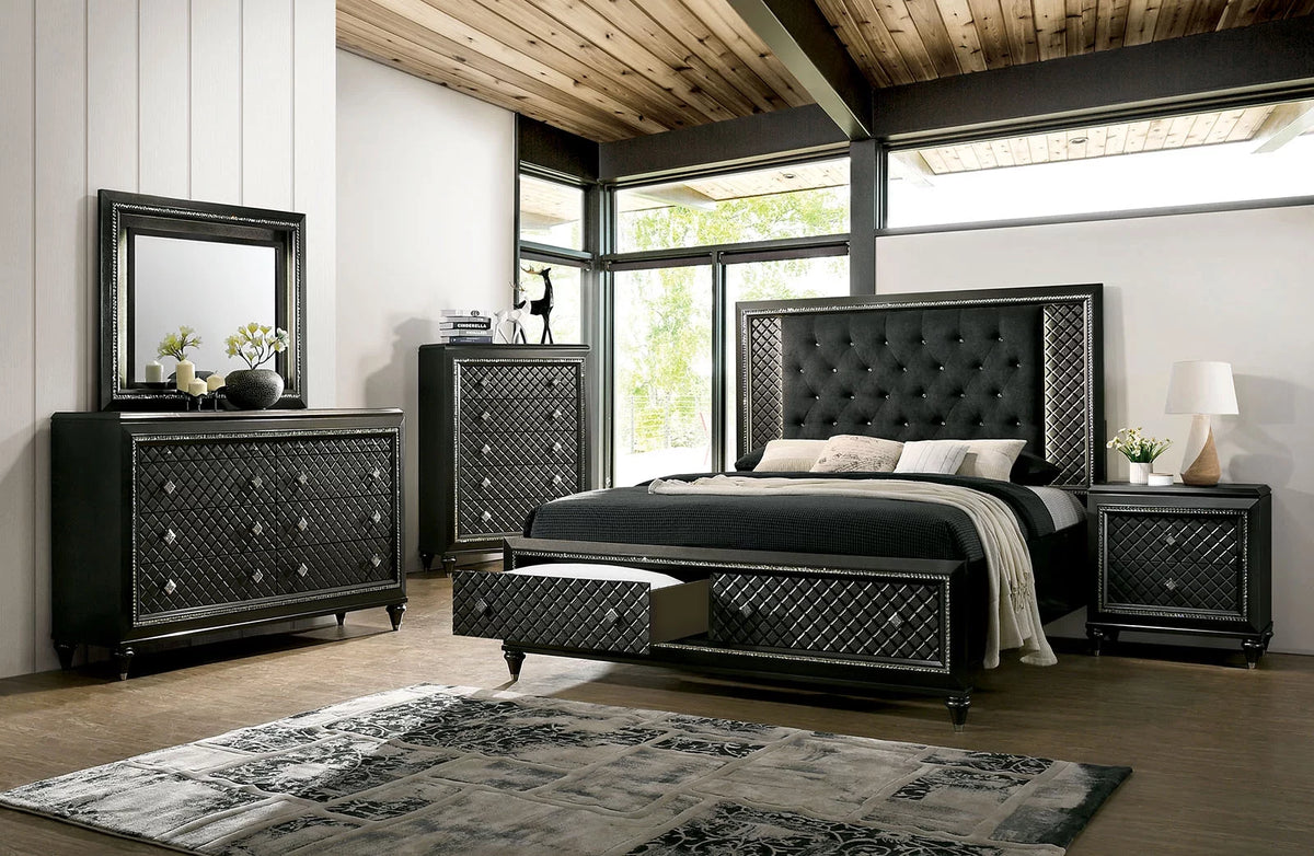California King Size Bed 2 Nightstands Metallic Gray Solid Wood Black Fabric Tufted G337