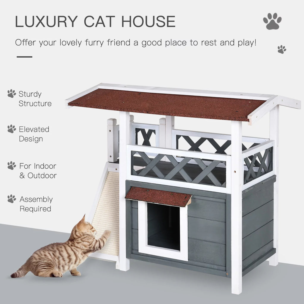 2-story Cat House Wood Shelter with Condo Sisal Ramp, Gray B9739