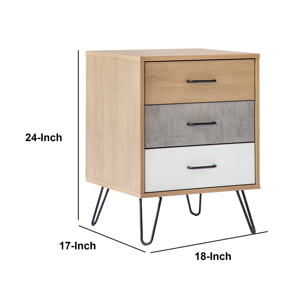 24 Inch 3 Drawer Wood Nightstand with Metal Hairpin Legs G203