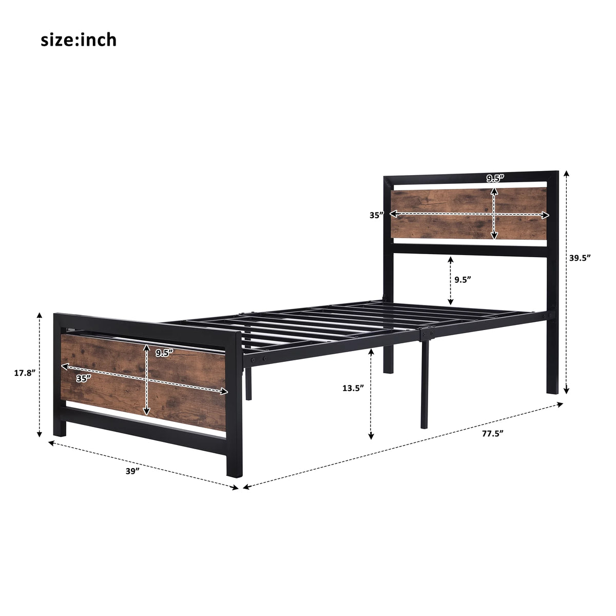 Black Twin Size Metal and Wood Platform Bed with Headboard and Footboard F84013