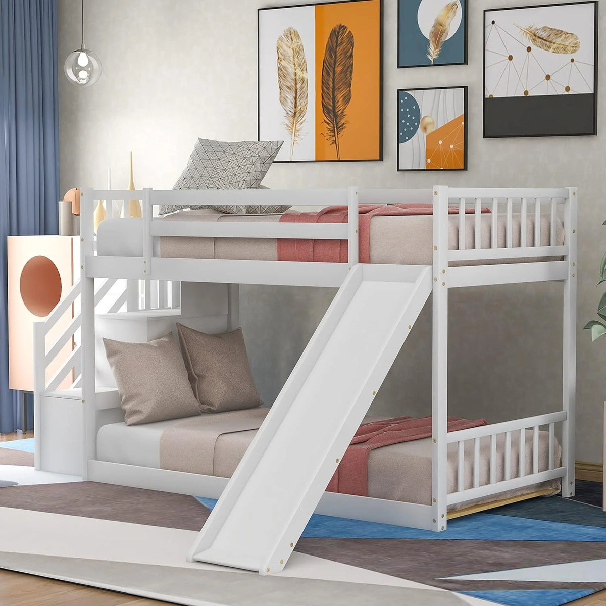 White Wood Bunk Bed with Stairs and Slide Z403718