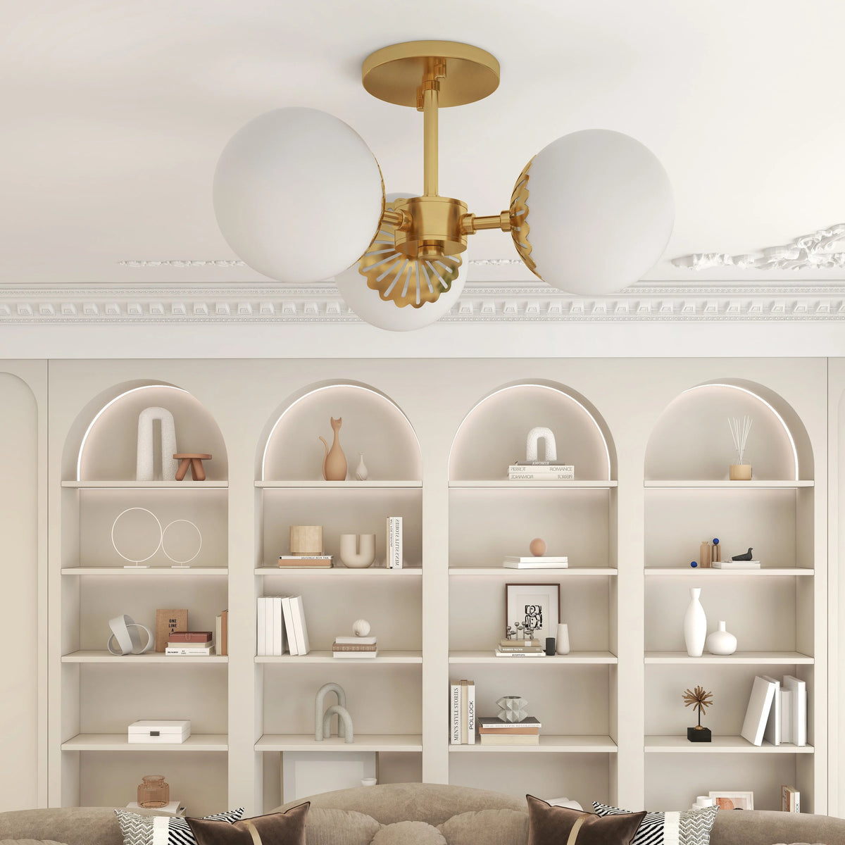Modern Gold 3-Light Semi Flush Mount Light with White Round Glass Globe Shade Q514