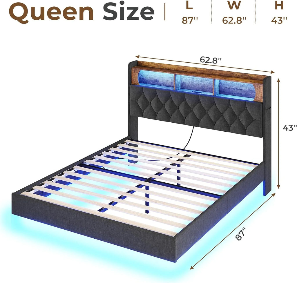 Queen Size Upholstered Platform Bed Frame with Bookcase Headboard A142905