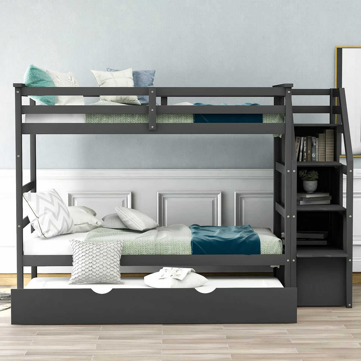 Twin-Over-Twin Bunk Bed with Trundle and Storage Stairs U4233