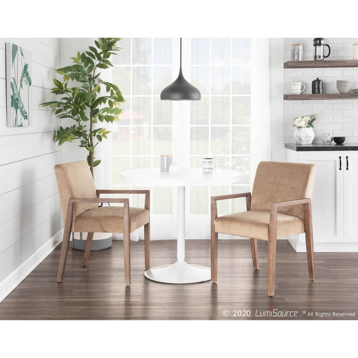 Crushed Brown Velvet White Washed Wood Dining Arm Chair Set of 2 K415