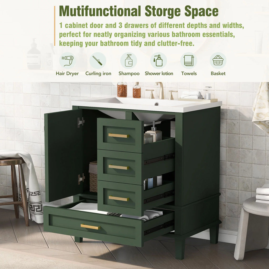 30" Green Solid Wood Bathroom Vanity with Top Basin and 3 Drawers W3518