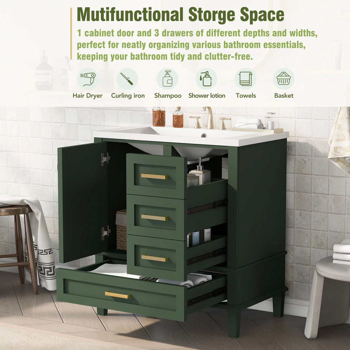 30" Green Solid Wood Bathroom Vanity with Top Basin and 3 Drawers W3518