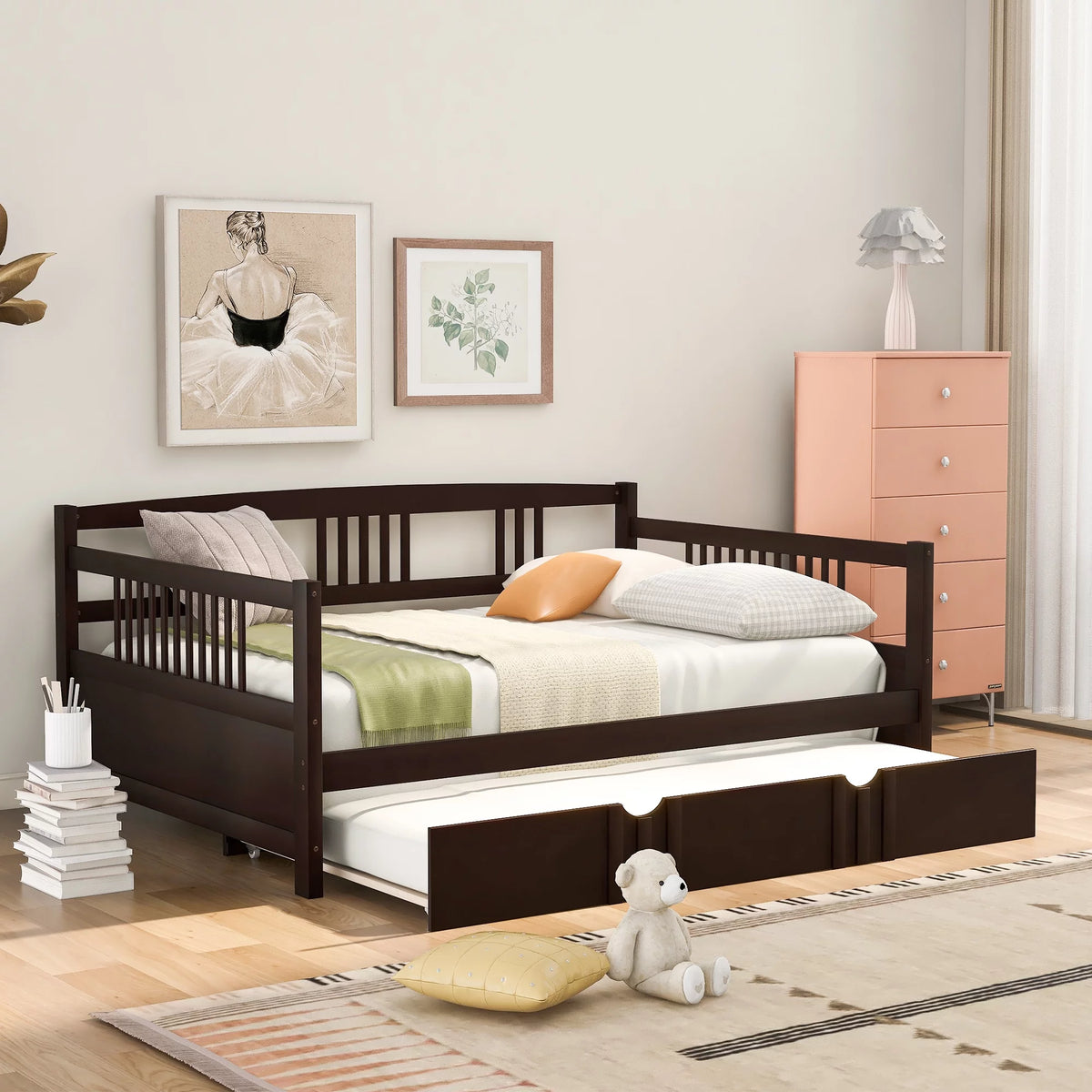 Full Size Espresso Wood Daybed with Twin Size Trundle T937282