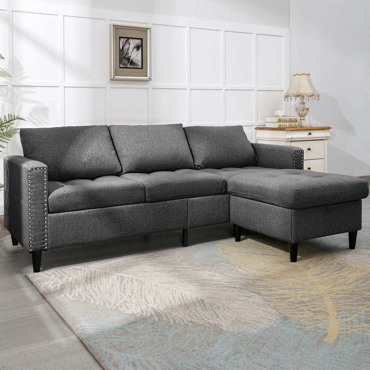 Dark Grey L Shaped Sectional Sofa with Storage Ottoman M242378