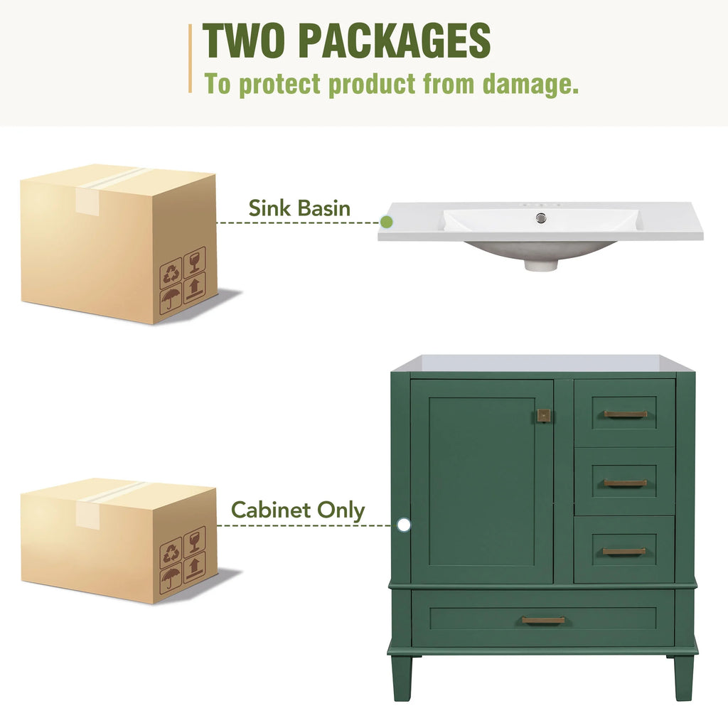 30" Green Solid Wood Bathroom Vanity with Top Basin and 3 Drawers W3518