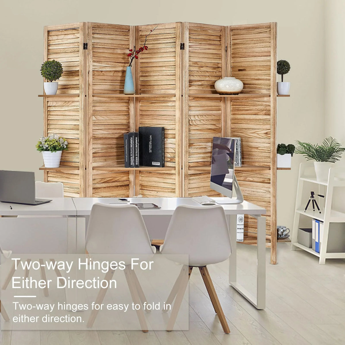 5 Panel Wood Folding Room Divider with Shelves N23185