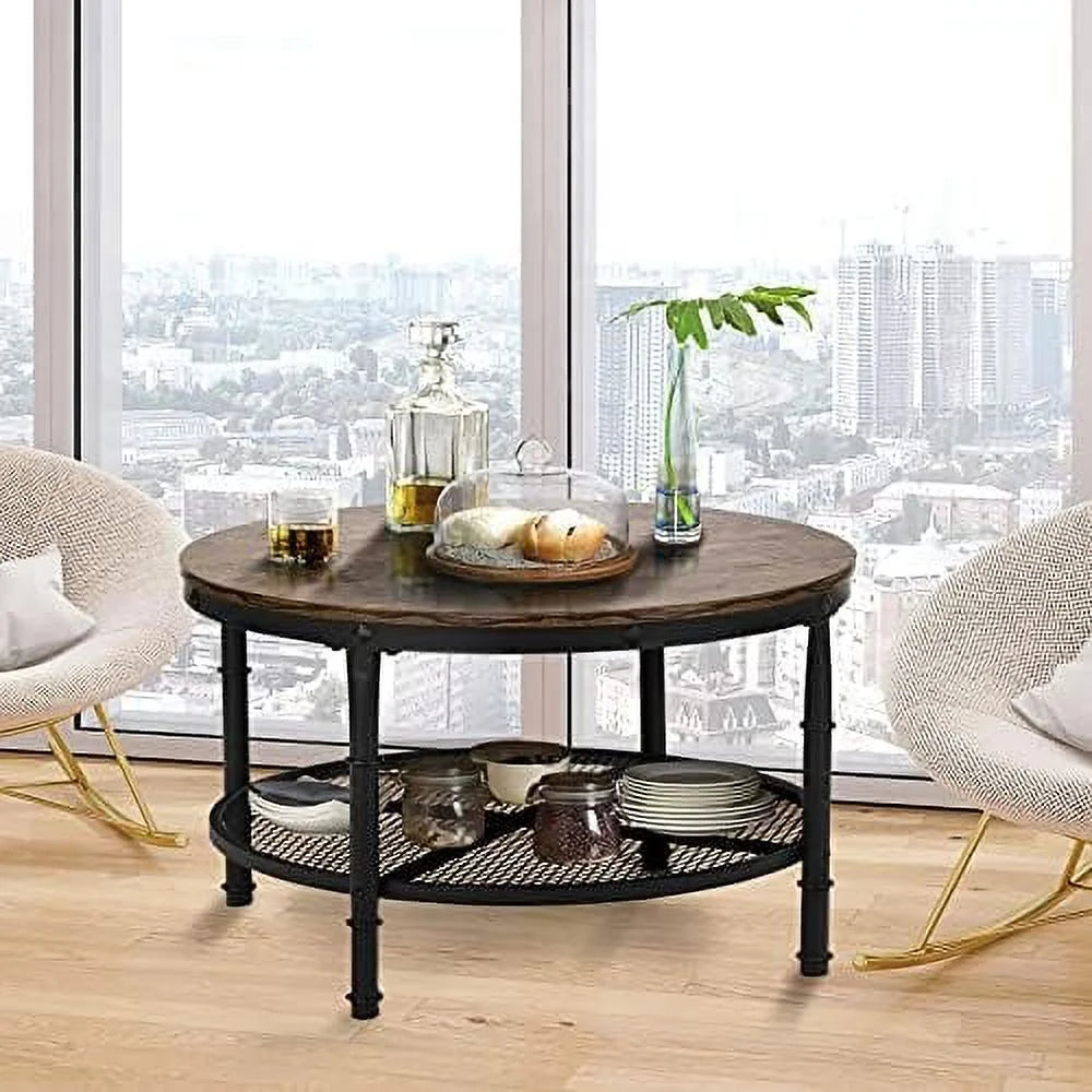 Small Round Coffee Table with Wood Top Metal Legs 2-Tier Grey P63567