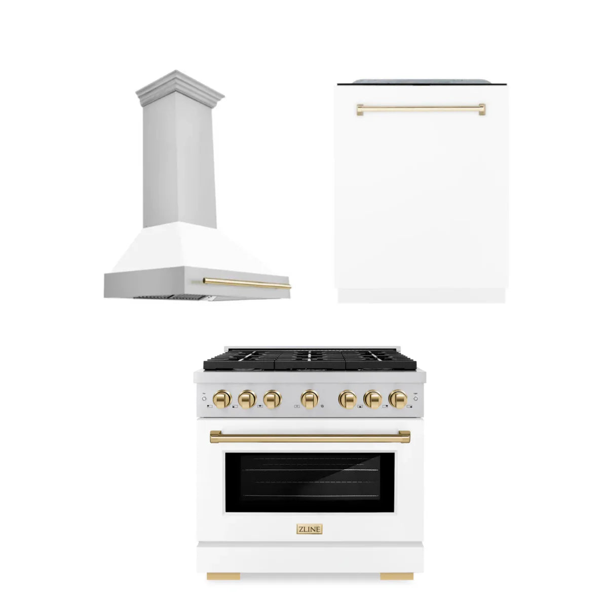 36 In. Gas Range, Range Hood, Dishwasher in White with Gold Accents X4496