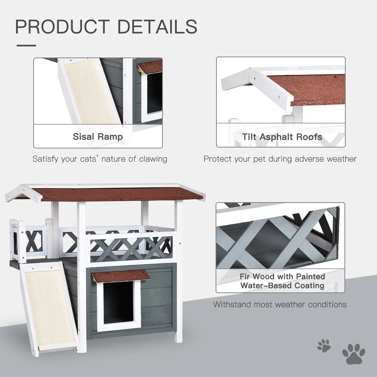 2-story Cat House Wood Shelter with Condo Sisal Ramp, Gray B9739