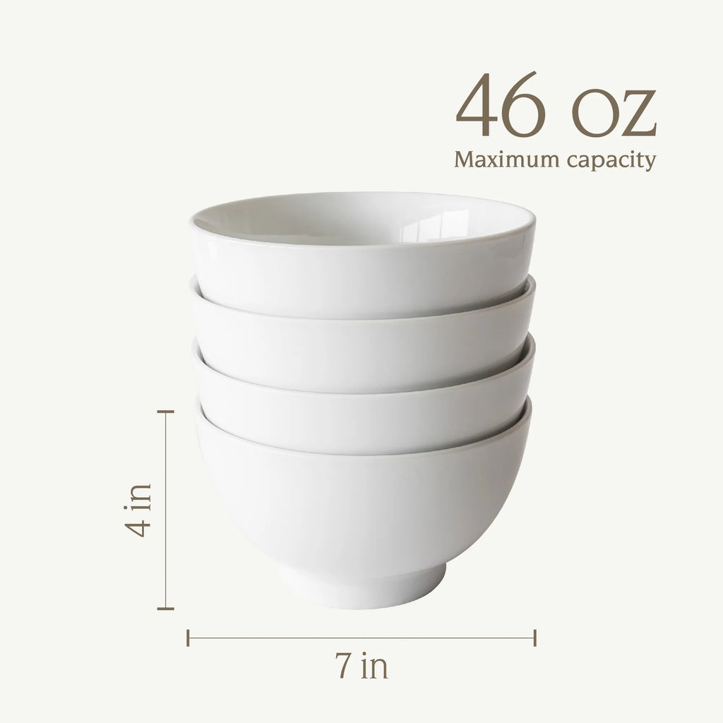 Set of 4 White Round Porcelain Noodle Bowls N163