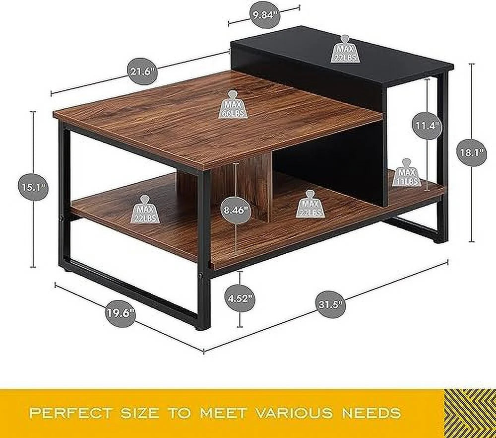 Glass Wood Coffee Table with 2-Tier Staggered Shelves H9171