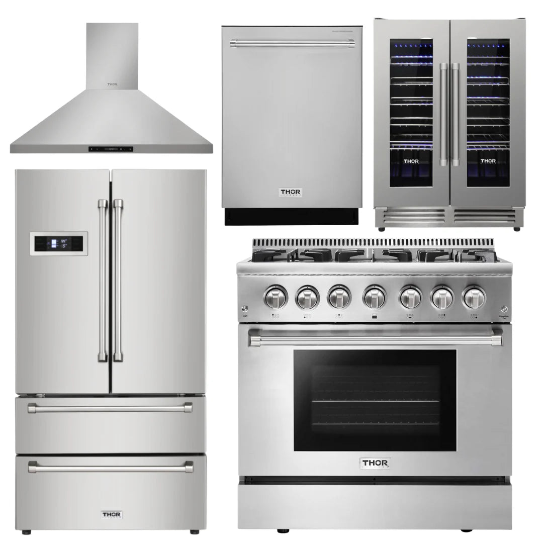 36 in. Propane Gas Range, Range Hood, Refrigerator, Dishwasher, Wine Cooler O102