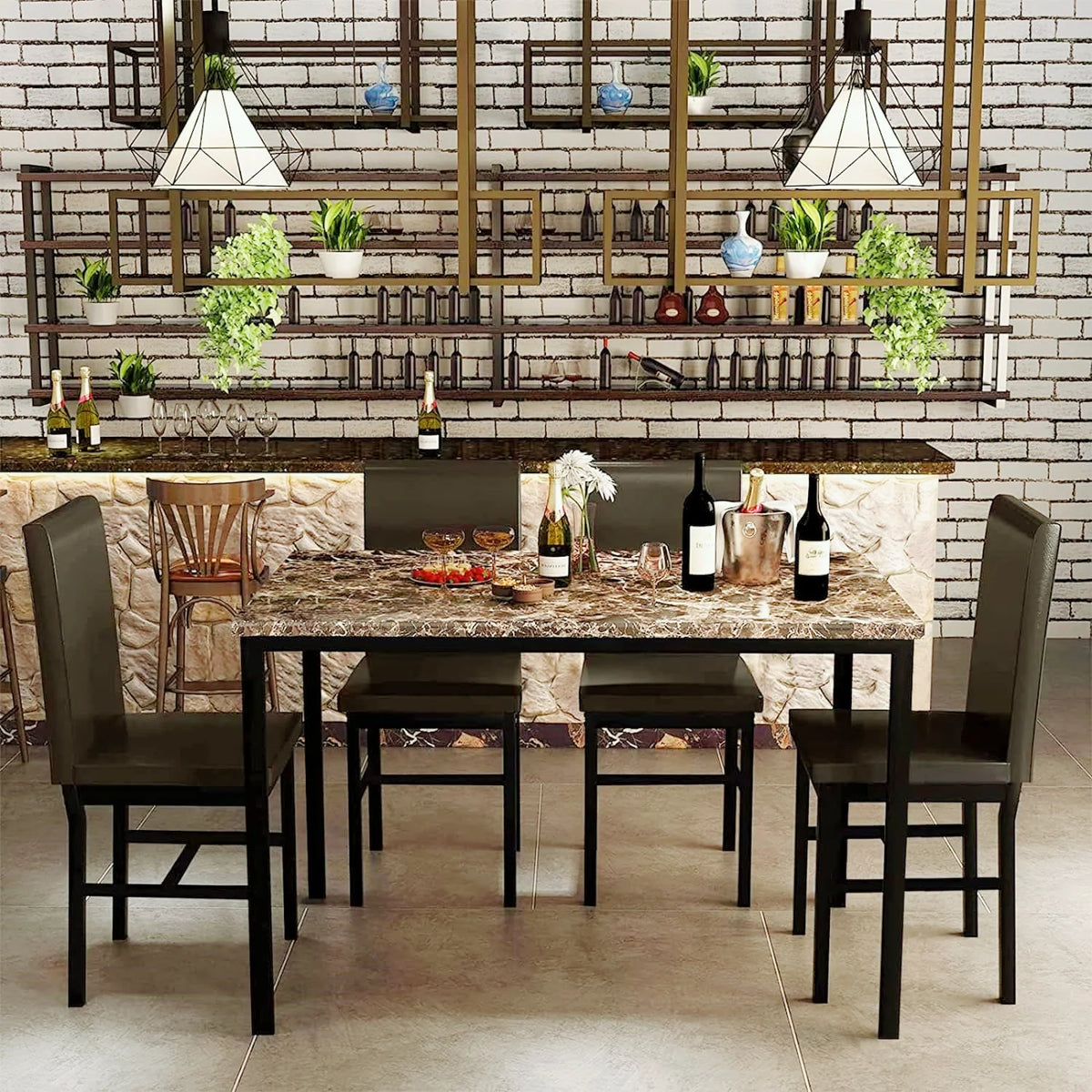 5-Piece Brown Kitchen Table Set with 4 Leather Upholstered Chairs G155424