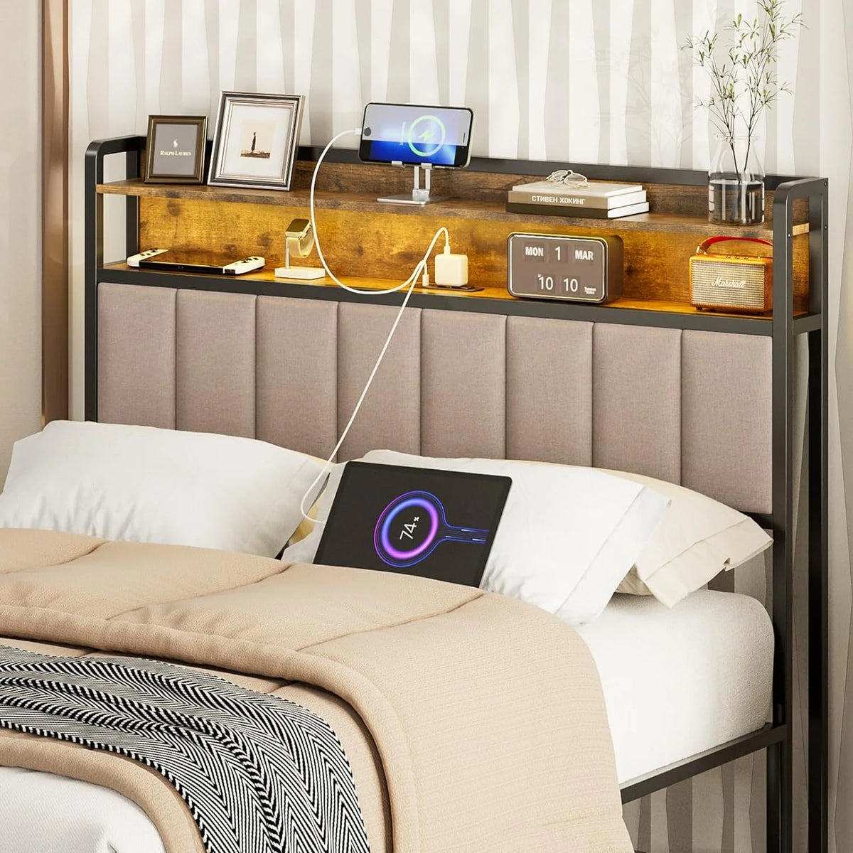 Light Brown Upholstered Full Size Storage Headboard with LED Lights and Charging Station E518768