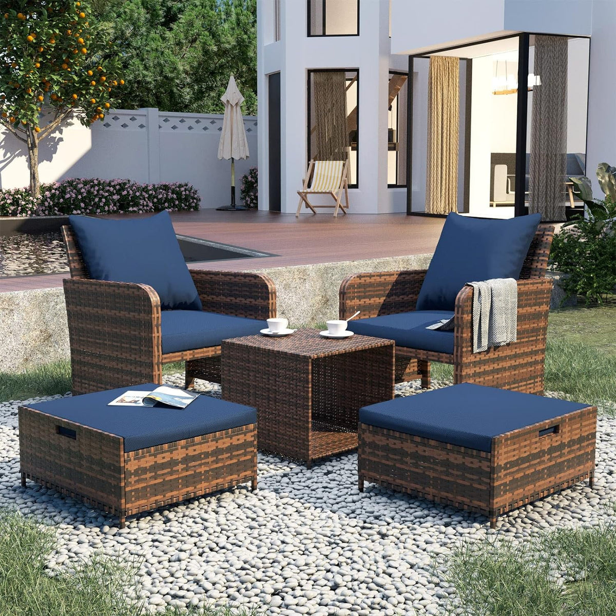 5 Piece Patio Conversation Rattan Chair Set with Storage Coffee Table S606