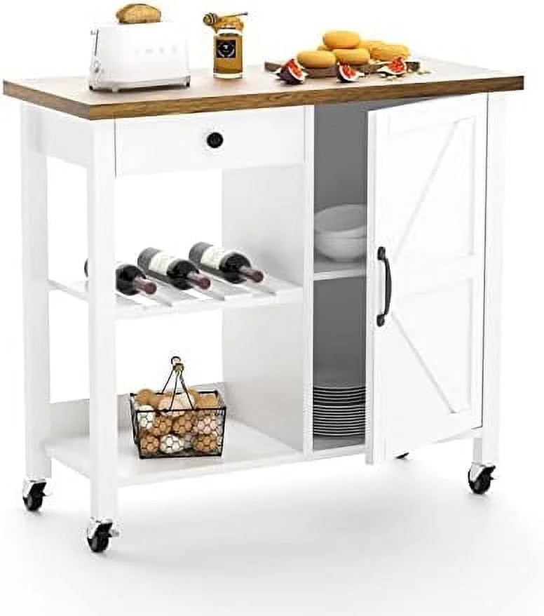 White Coffee Cart with Drawer and Cabinet F7905