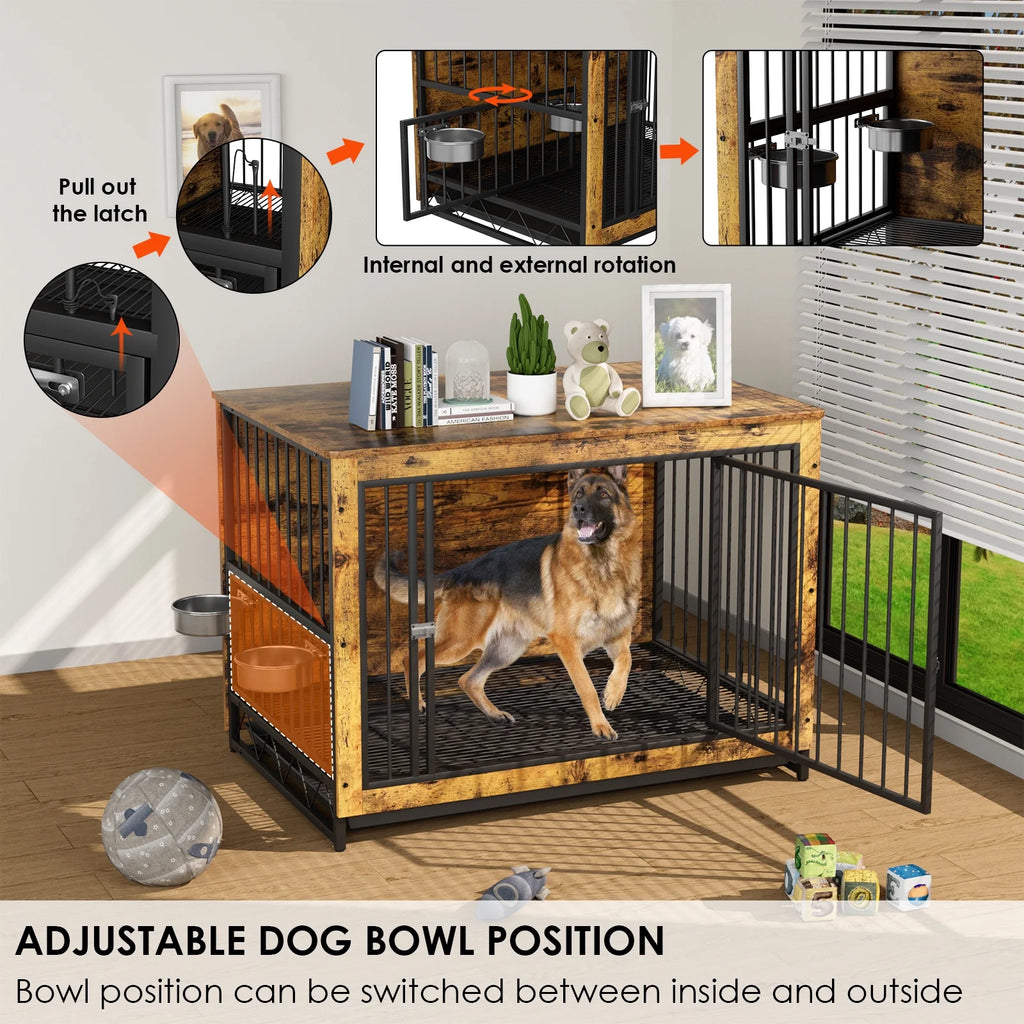 44.1'' Wooden Dog Crate with 2 Stainless Steel Bowls B44251