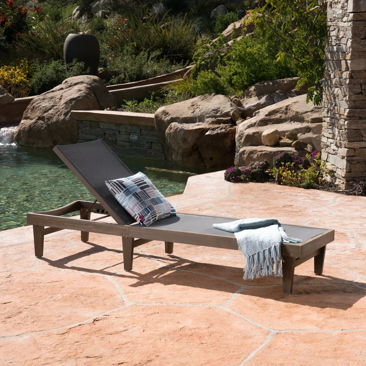 Gray Mesh and Acacia Wood Adjustable Chaise Lounge V18939