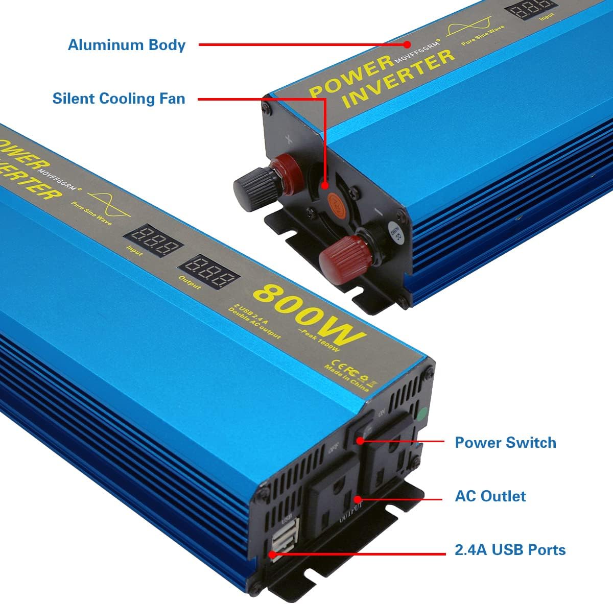 800W Pure Sine Wave Power Inverter 12V to 110V AC with Dual USB O15457