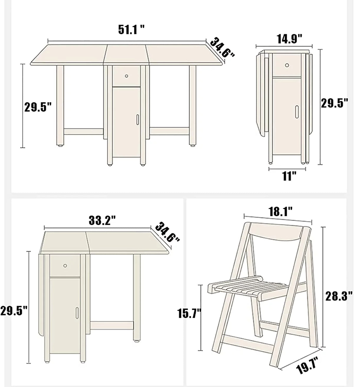 Solid Wood Drop Leaf Dining Table Set 5 Pieces V213