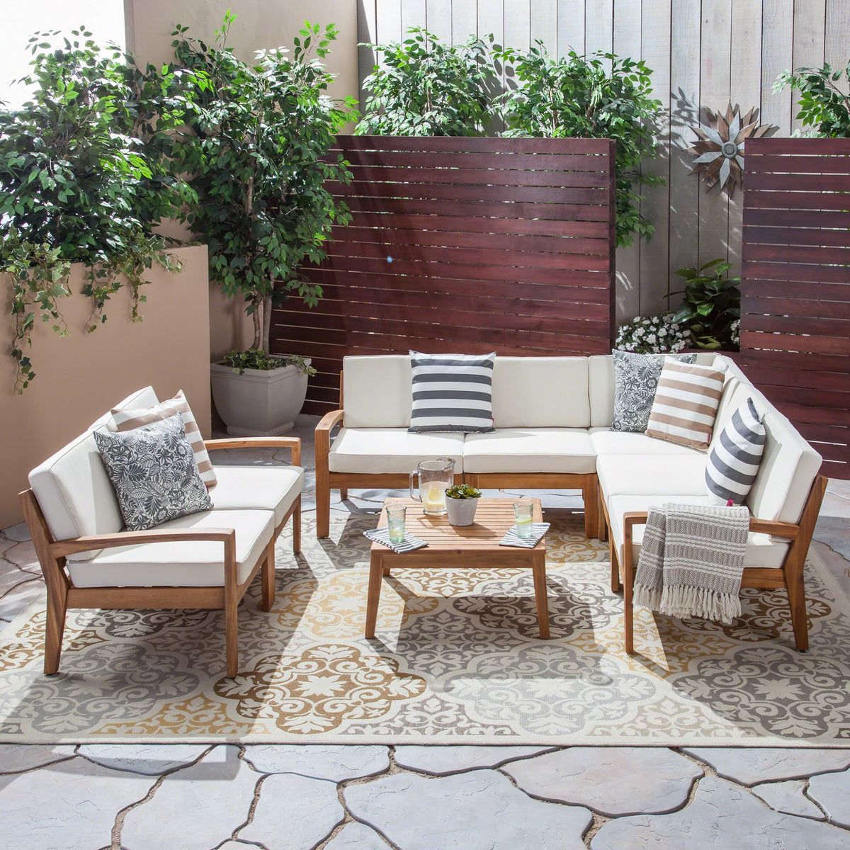 Acacia Wood 7 Seater Sectional Sofa and Loveseat Chat Set with Cushions B3555