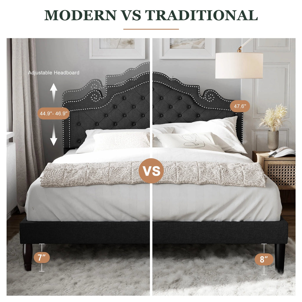 Queen Size Upholstered Platform Bed Frame with Adjustable Headboard, Black Y154593