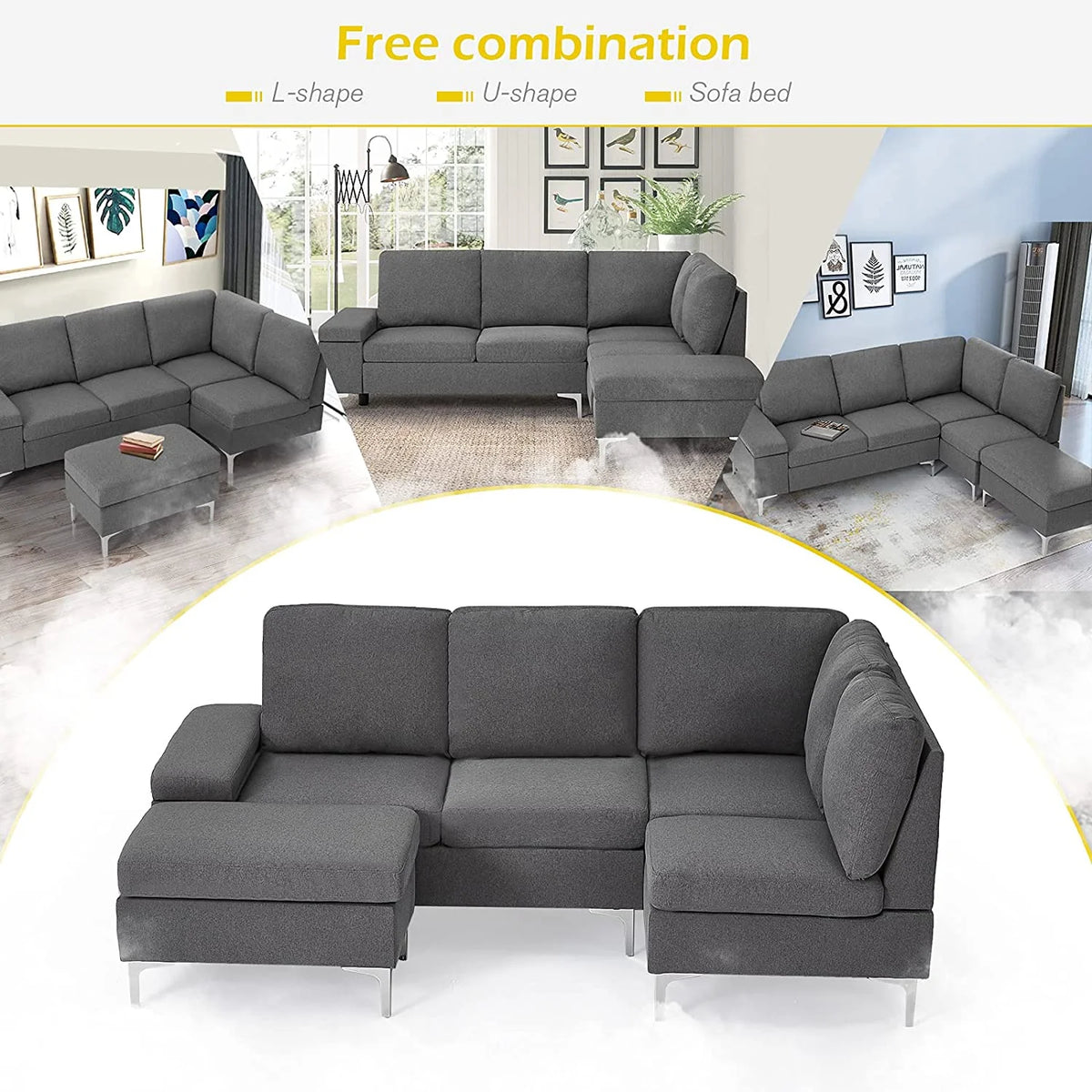 Gray Sectional Sofa with Armrest Storage E382