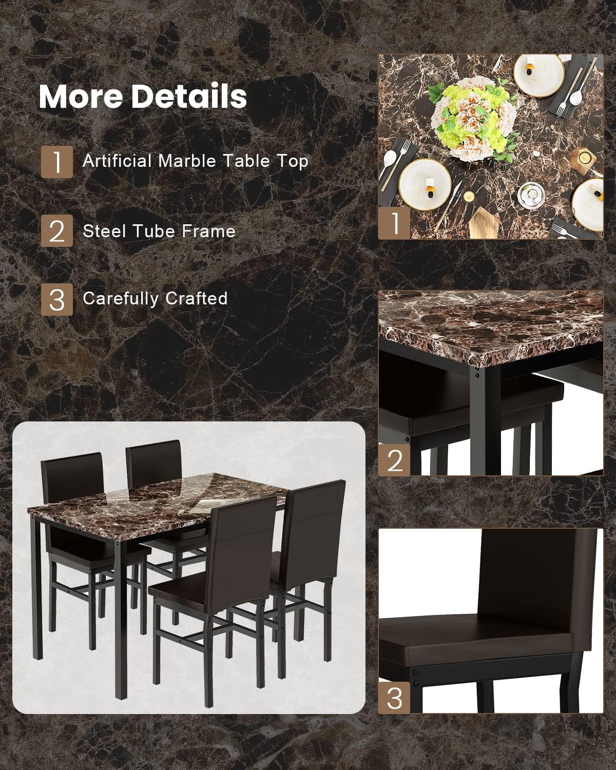 5-Piece Brown Kitchen Table Set with 4 Leather Upholstered Chairs G155424