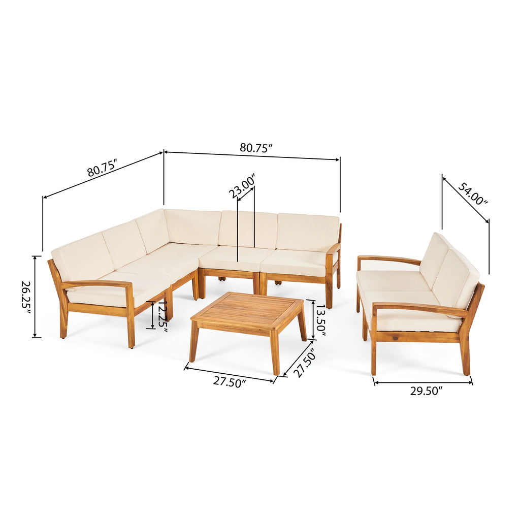 Acacia Wood 7 Seater Sectional Sofa and Loveseat Chat Set with Cushions B3555
