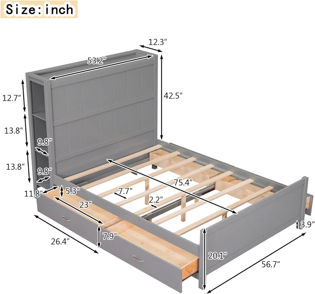Full Size Wooden Platform Bed Frame with Bookcase Headboard and 4 Storage Drawers S2012