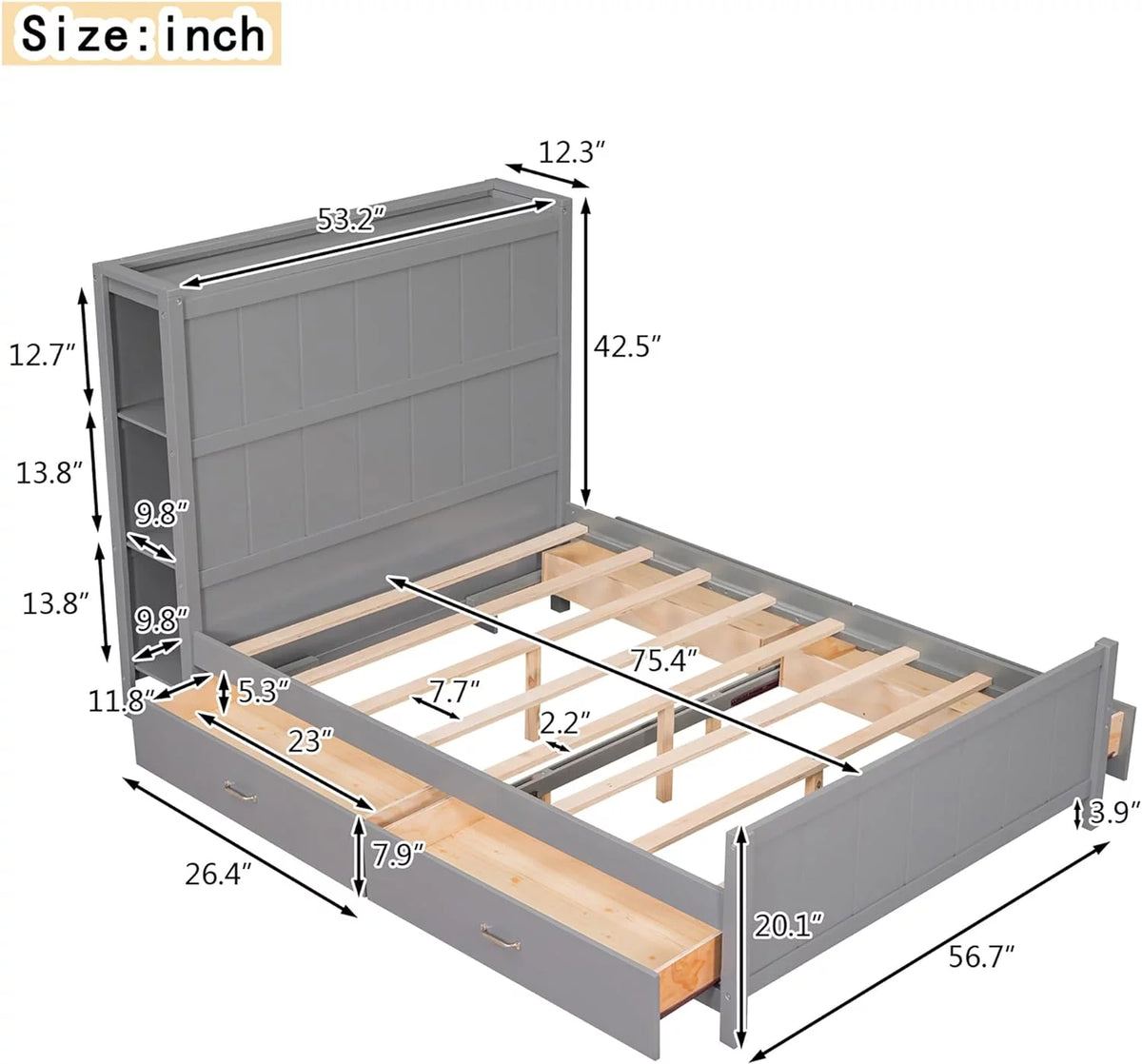 Full Size Wooden Platform Bed Frame with Bookcase Headboard and 4 Storage Drawers S2012