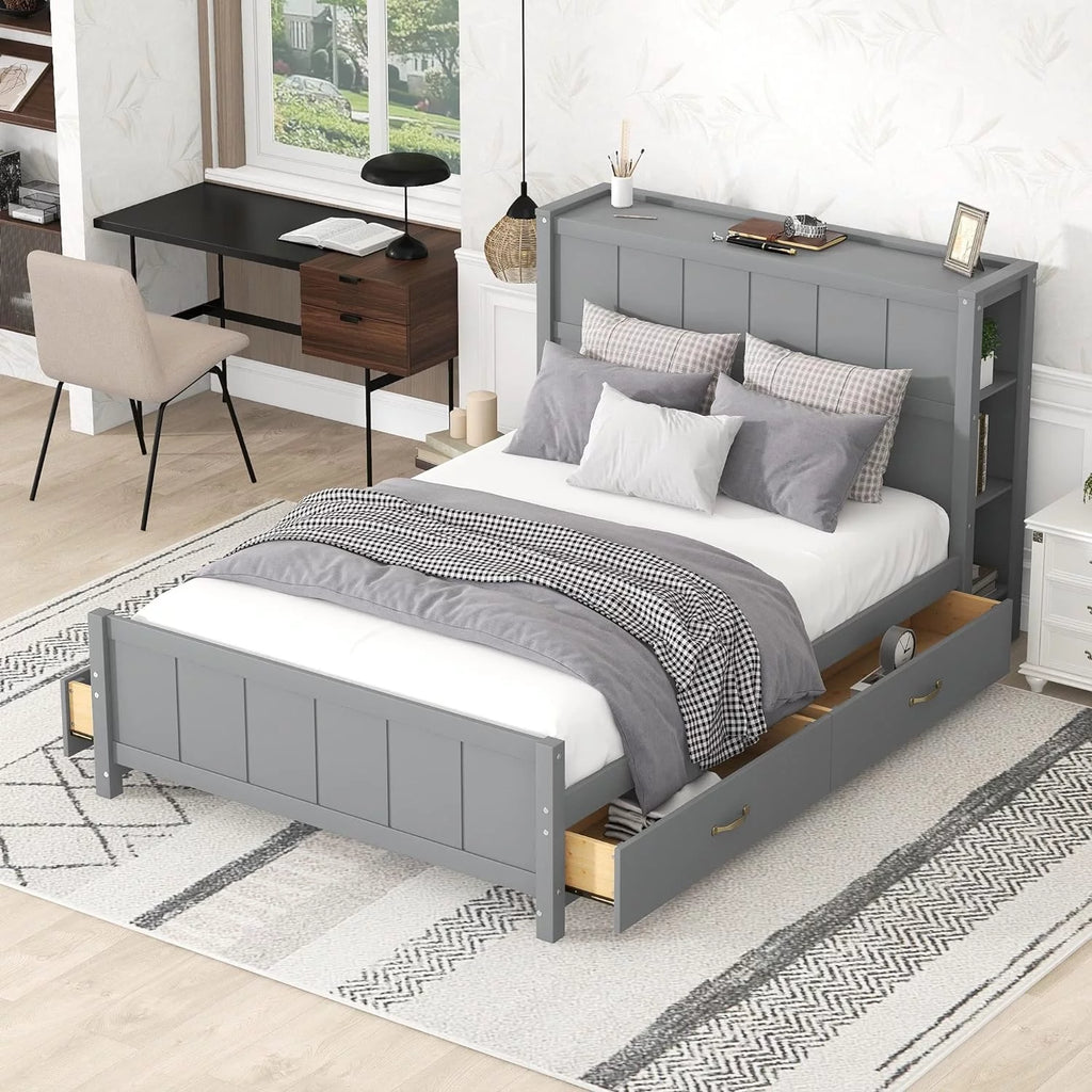 Full Size Wooden Platform Bed Frame with Bookcase Headboard and 4 Storage Drawers S2012