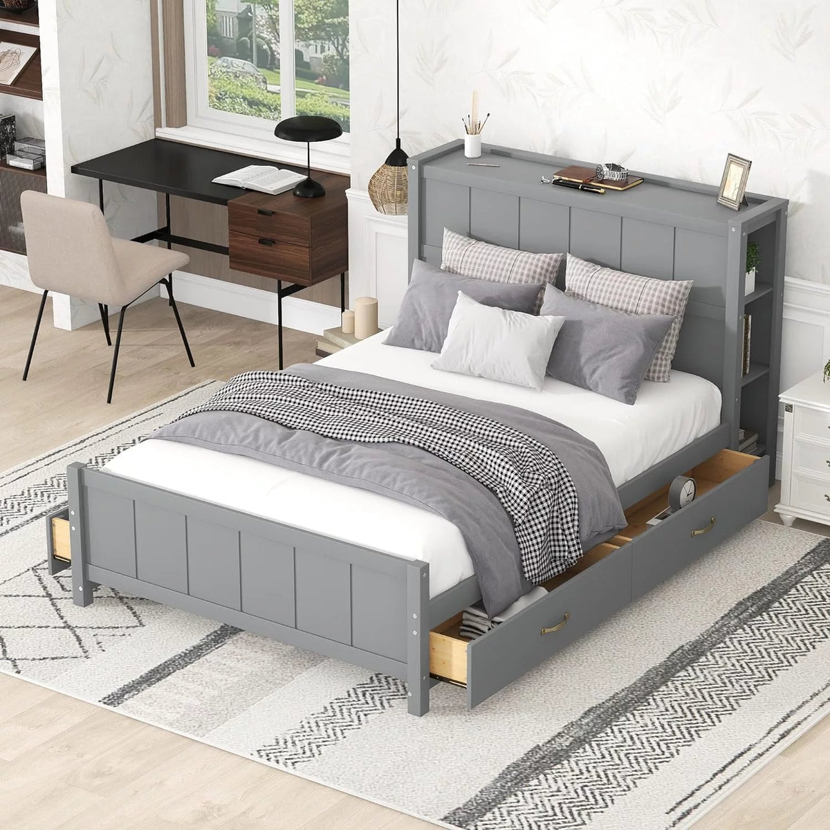 Full Size Wooden Platform Bed Frame with Bookcase Headboard and 4 Storage Drawers S2012