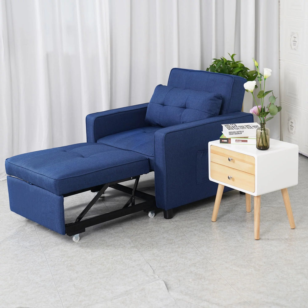 Blue Linen Fabric Convertible Chair Bed E174209