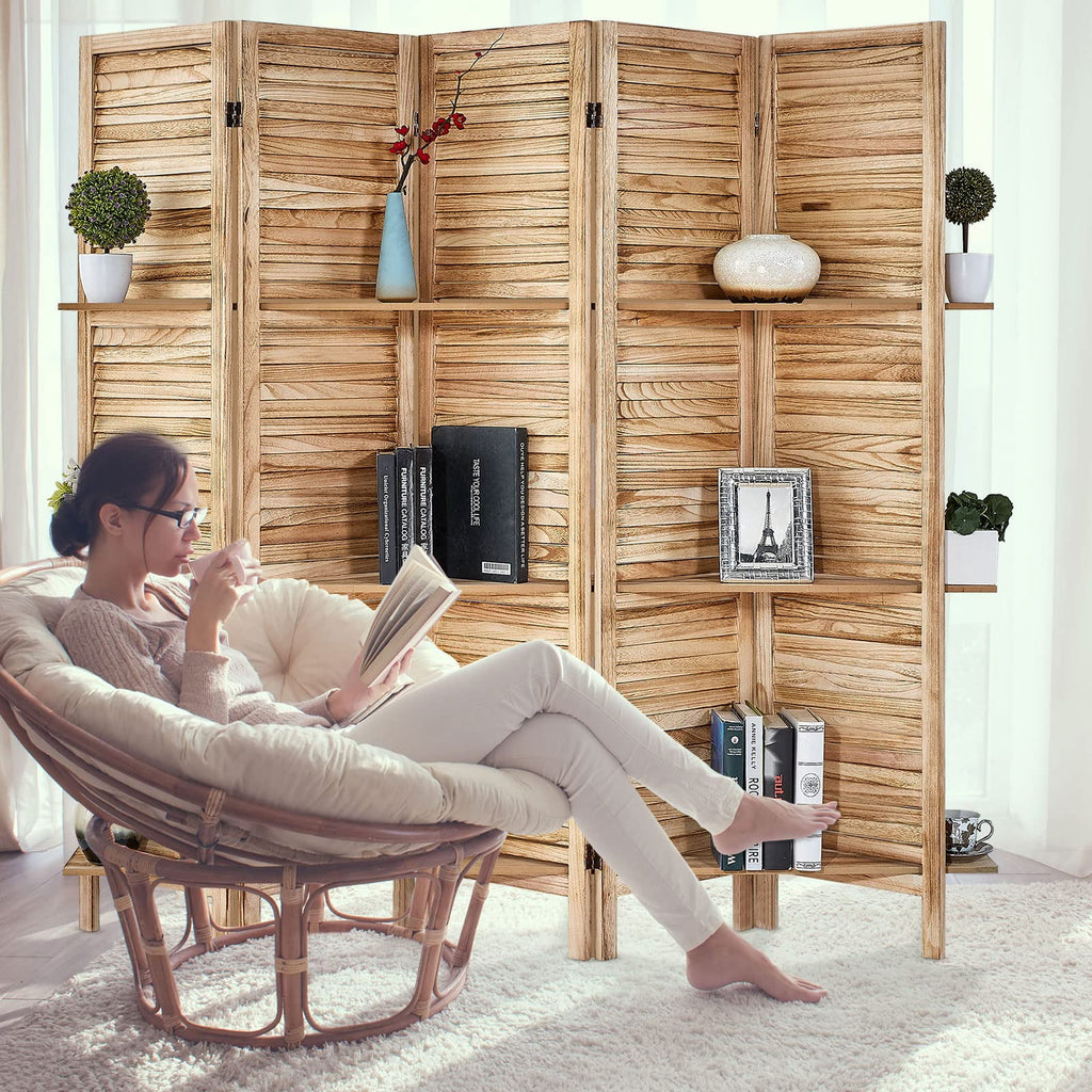 5 Panel Wood Folding Room Divider with Shelves N23185