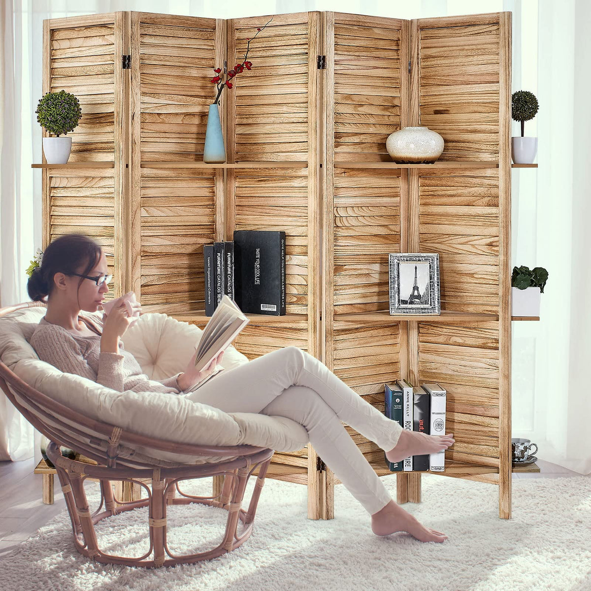 5 Panel Wood Folding Room Divider with Shelves N23185