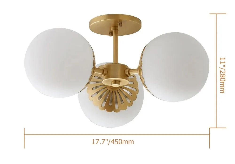 Modern Gold 3-Light Semi Flush Mount Light with White Round Glass Globe Shade Q514