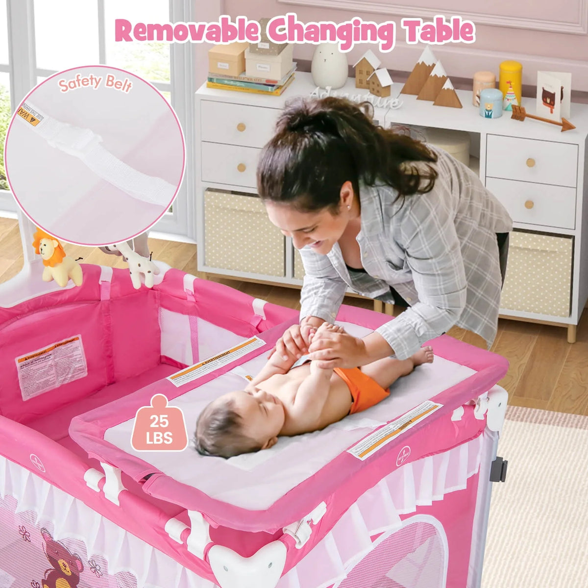 Portable 4 in 1 Baby Playard Crib with Changing Table Pink Z767841