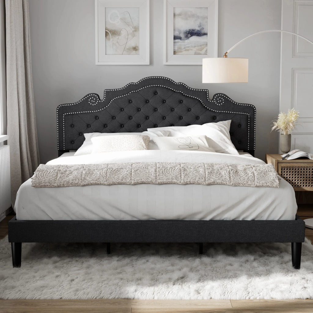 Queen Size Upholstered Platform Bed Frame with Adjustable Headboard, Black Y154593