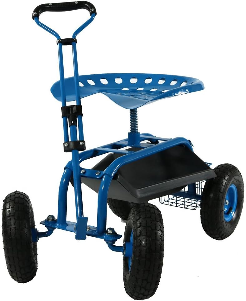 Blue Garden Cart with Swivel Seat and Utility Basket L143998