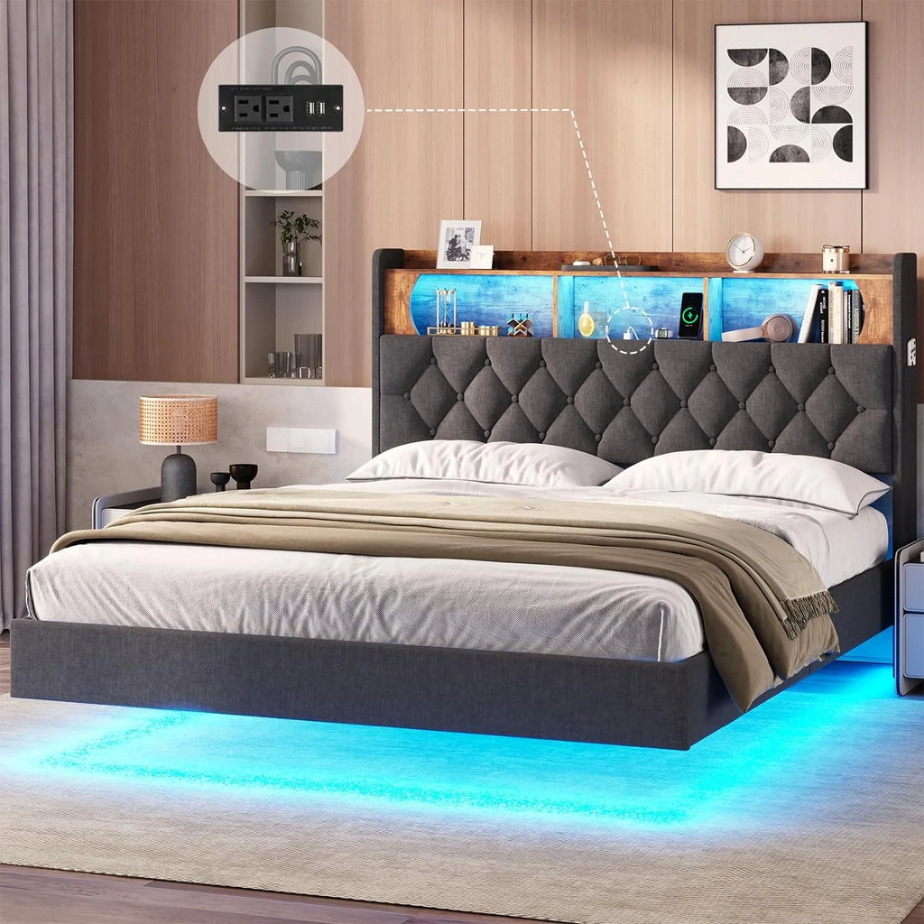 Queen Size Upholstered Platform Bed Frame with Bookcase Headboard A142905